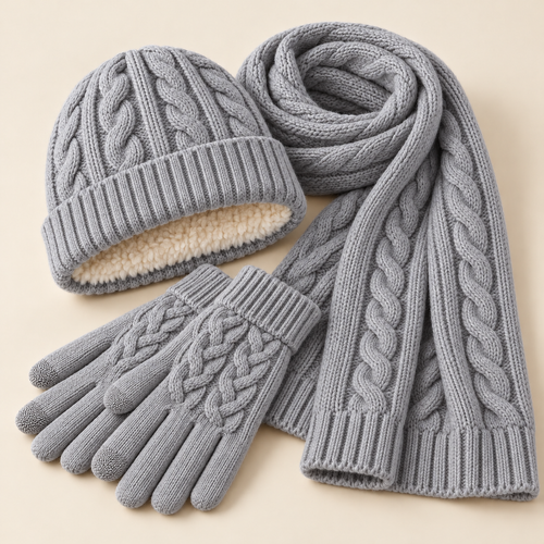Cable Knit Scarf, Hat & Gloves Winter Set — Gray