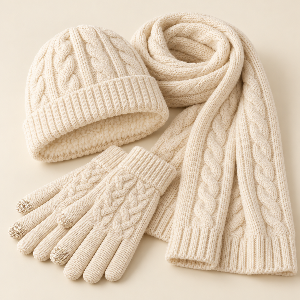 Cable Knit Scarf, Hat & Gloves Winter Set